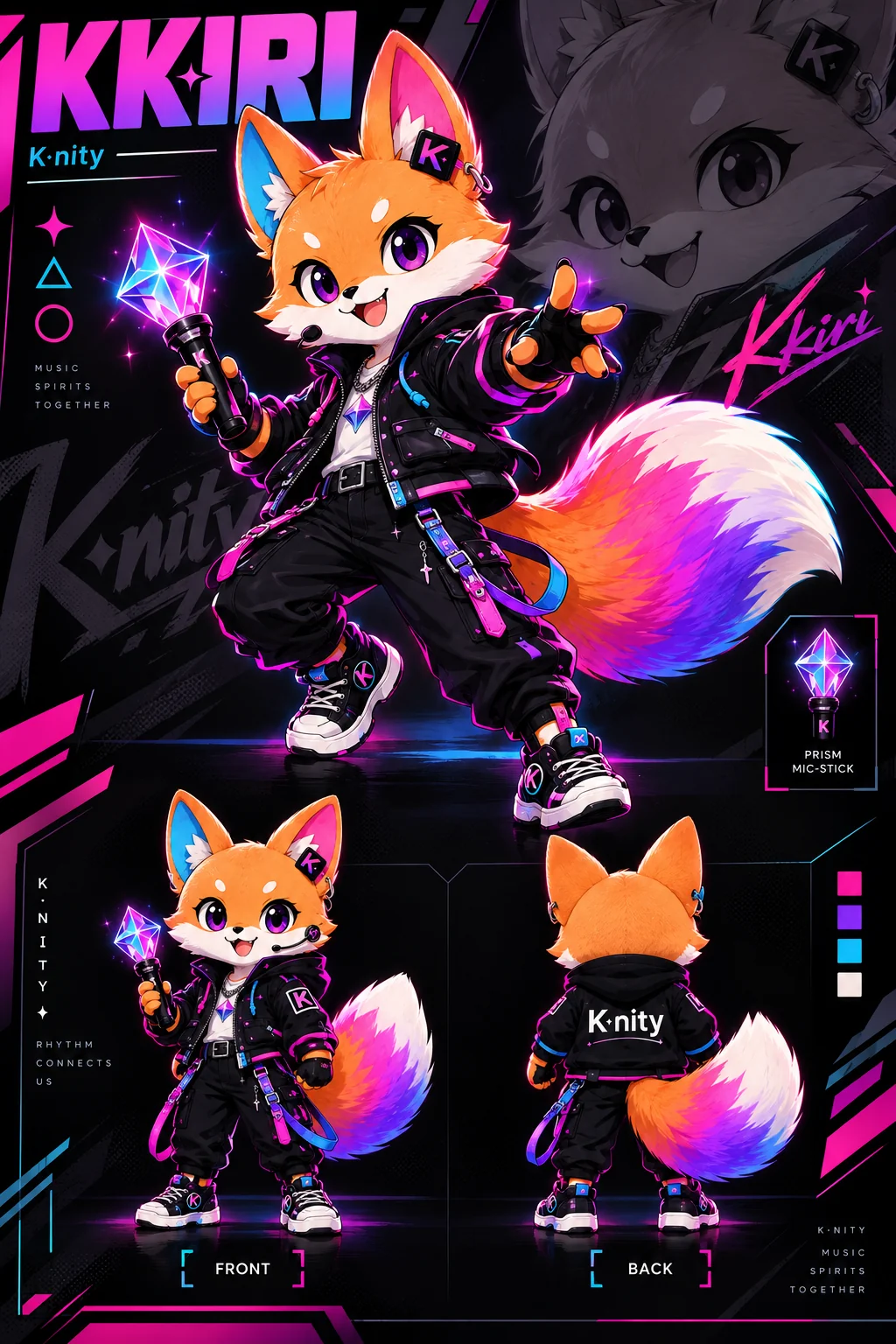 Kkiri's original front and back character design sheet
